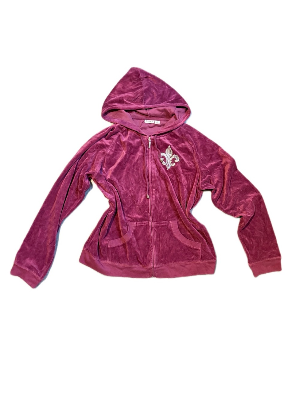 Cato Plush Zip-Up Hooded Jacket with Rhinestone Fleur-de-Lis - burgundy